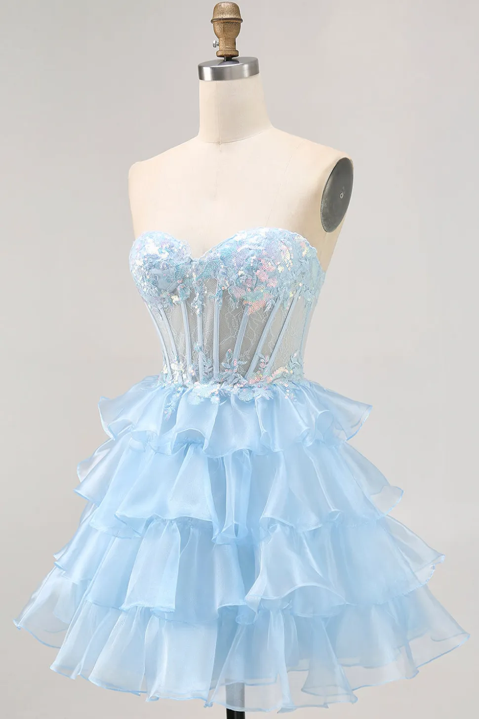 Tiered Sequin Blue Strapless Corset Homecoming Vestido