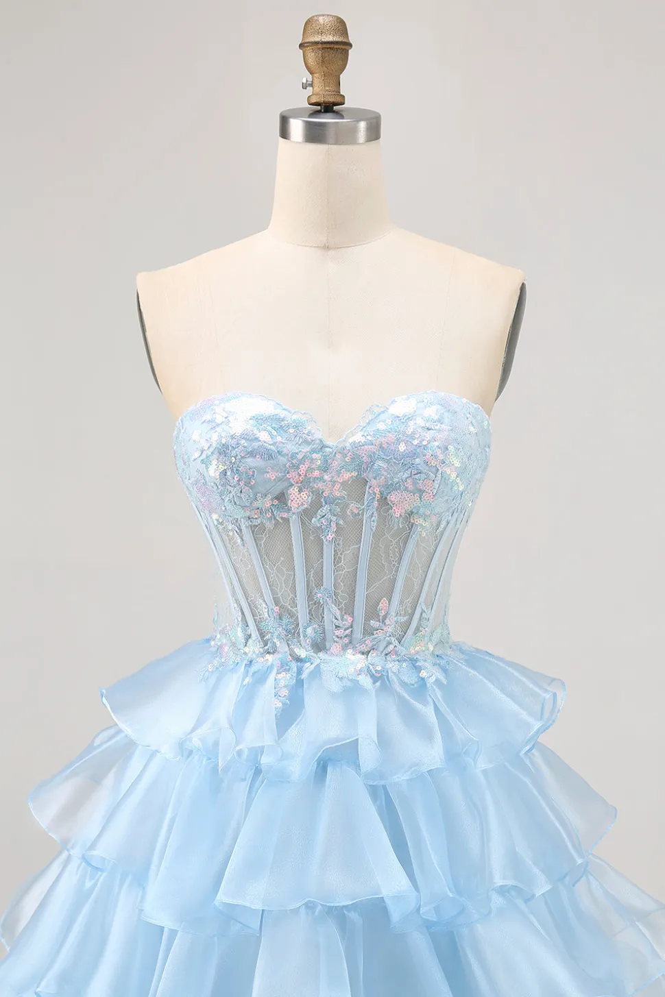 Tiered Sequin Blue Strapless Corset Homecoming Vestido