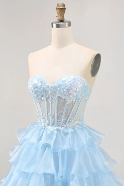 Tiered Sequin Blue Strapless Corset Homecoming Vestido