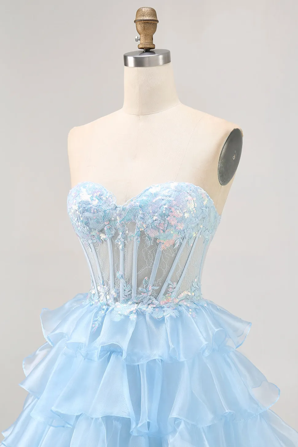 Tiered Sequin Blue Strapless Corset Homecoming Vestido