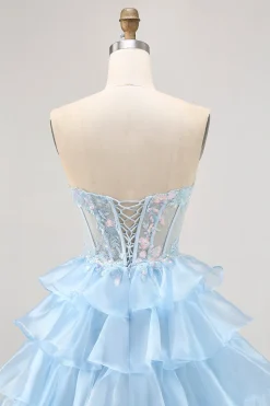 Tiered Sequin Blue Strapless Corset Homecoming Vestido