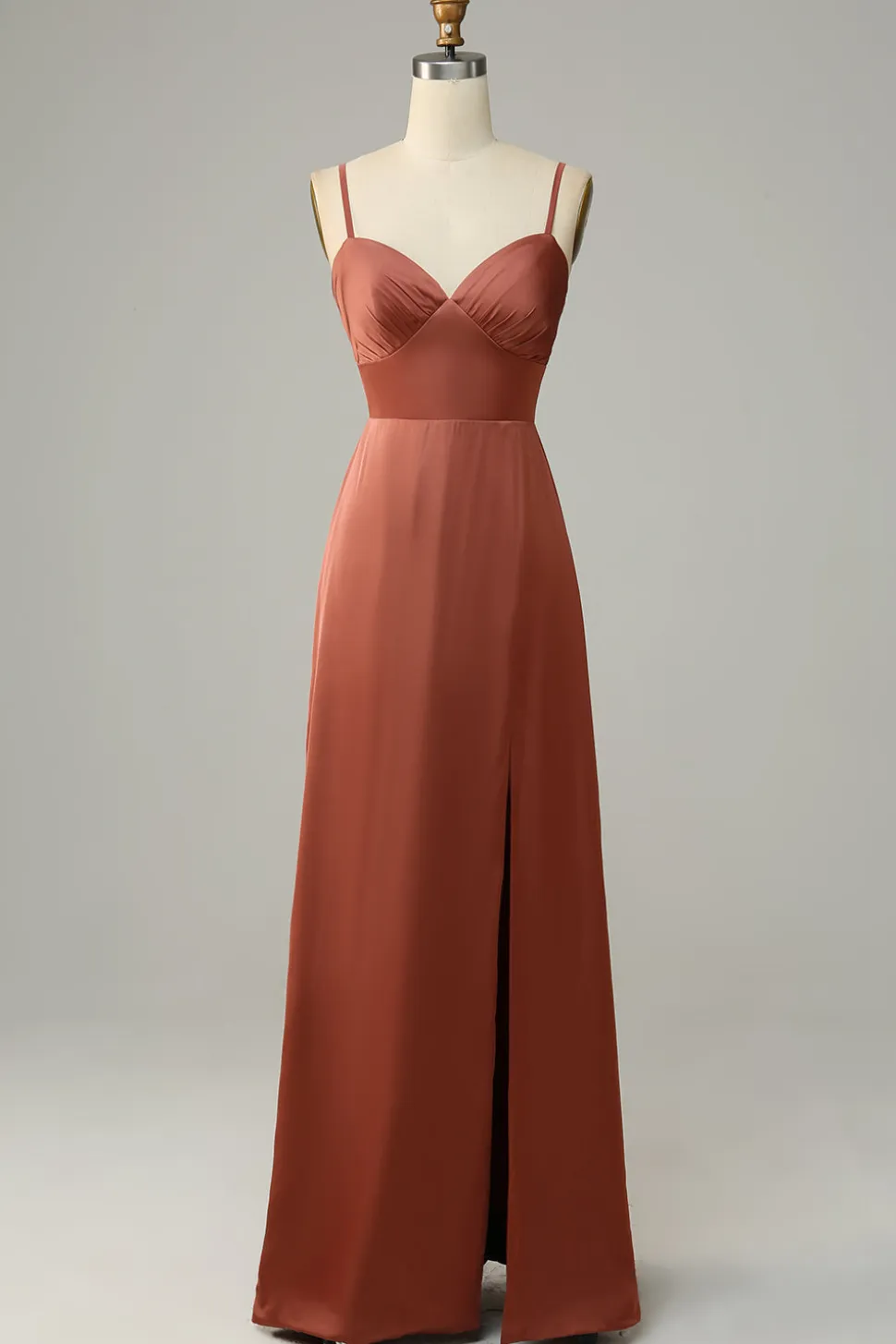 Tijolo Vermelho Espaguete Alças Cetim Vestido de Dama de Honor