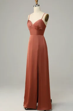 Tijolo Vermelho Espaguete Alças Cetim Vestido de Dama de Honor