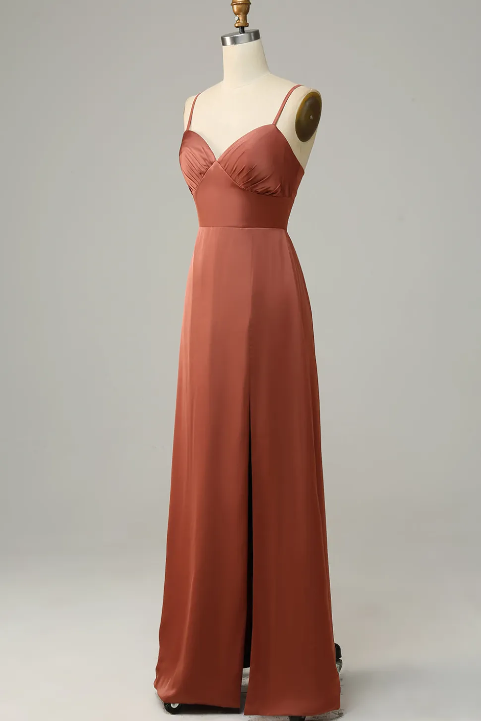Tijolo Vermelho Espaguete Alças Cetim Vestido de Dama de Honor