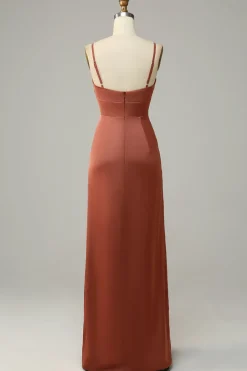 Tijolo Vermelho Espaguete Alças Cetim Vestido de Dama de Honor