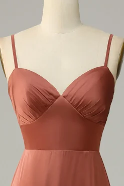 Tijolo Vermelho Espaguete Alças Cetim Vestido de Dama de Honor