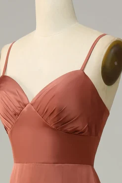 Tijolo Vermelho Espaguete Alças Cetim Vestido de Dama de Honor