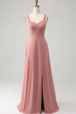 Tijolo Vermelho Uma Linha Esparguete Alças Longo Vestido de Dama de Honra com Fenda