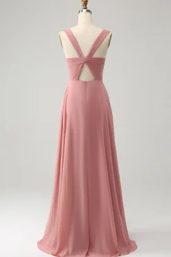 Tijolo Vermelho Uma Linha Esparguete Alças Longo Vestido de Dama de Honra com Fenda