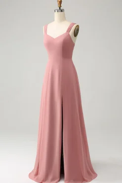 Tijolo Vermelho Uma Linha Esparguete Alças Longo Vestido de Dama de Honra com Fenda