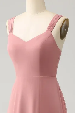 Tijolo Vermelho Uma Linha Esparguete Alças Longo Vestido de Dama de Honra com Fenda