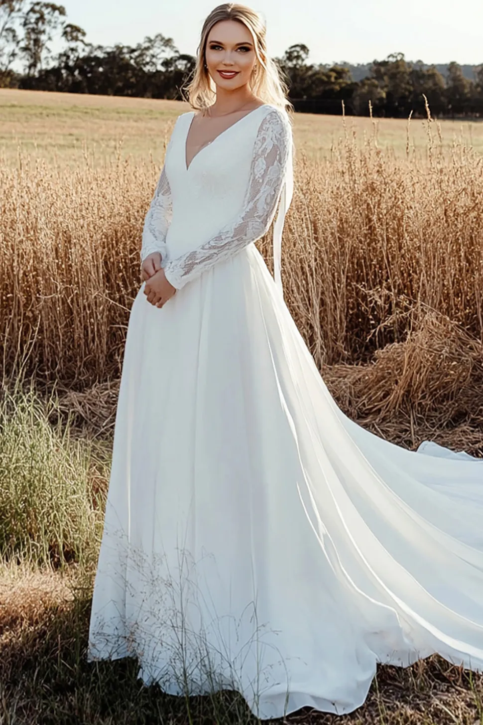 Timeless A Line V Neck Lace Long Sleeve Marfim Vestido de Noiva