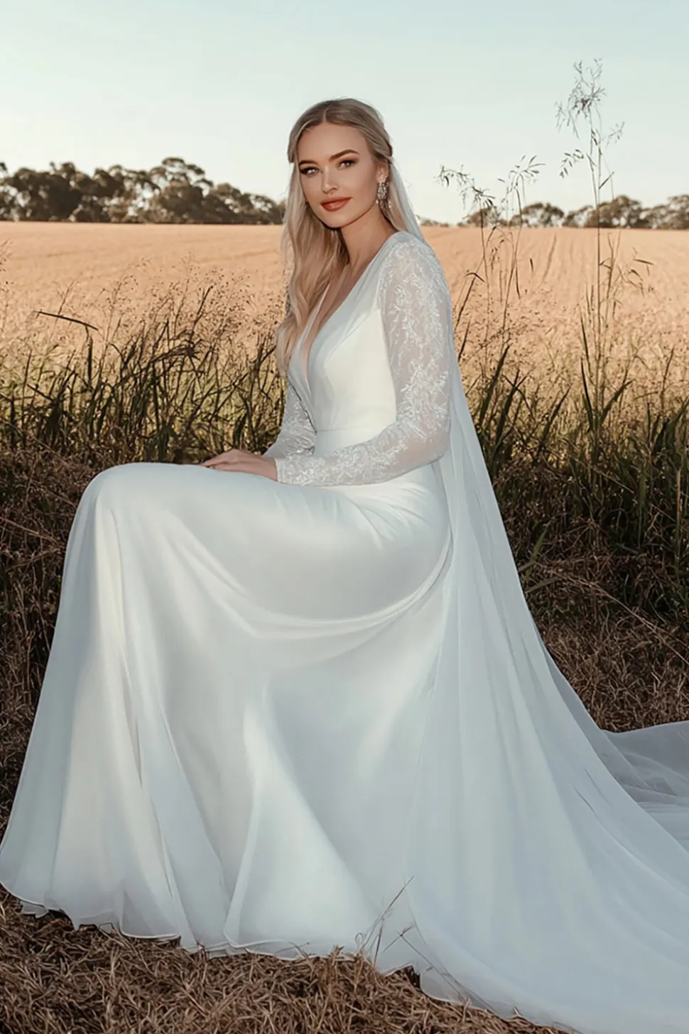Timeless A Line V Neck Lace Long Sleeve Marfim Vestido de Noiva