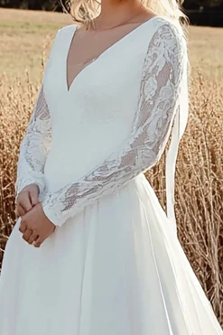 Timeless A Line V Neck Lace Long Sleeve Marfim Vestido de Noiva