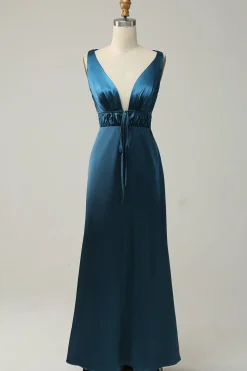 Tinta Azul Cetim Vestido de Dama de Honor