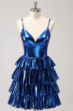 Tinta Azul Esparguete Correias Uma Linha Tiered Vestido Curto Homecoming