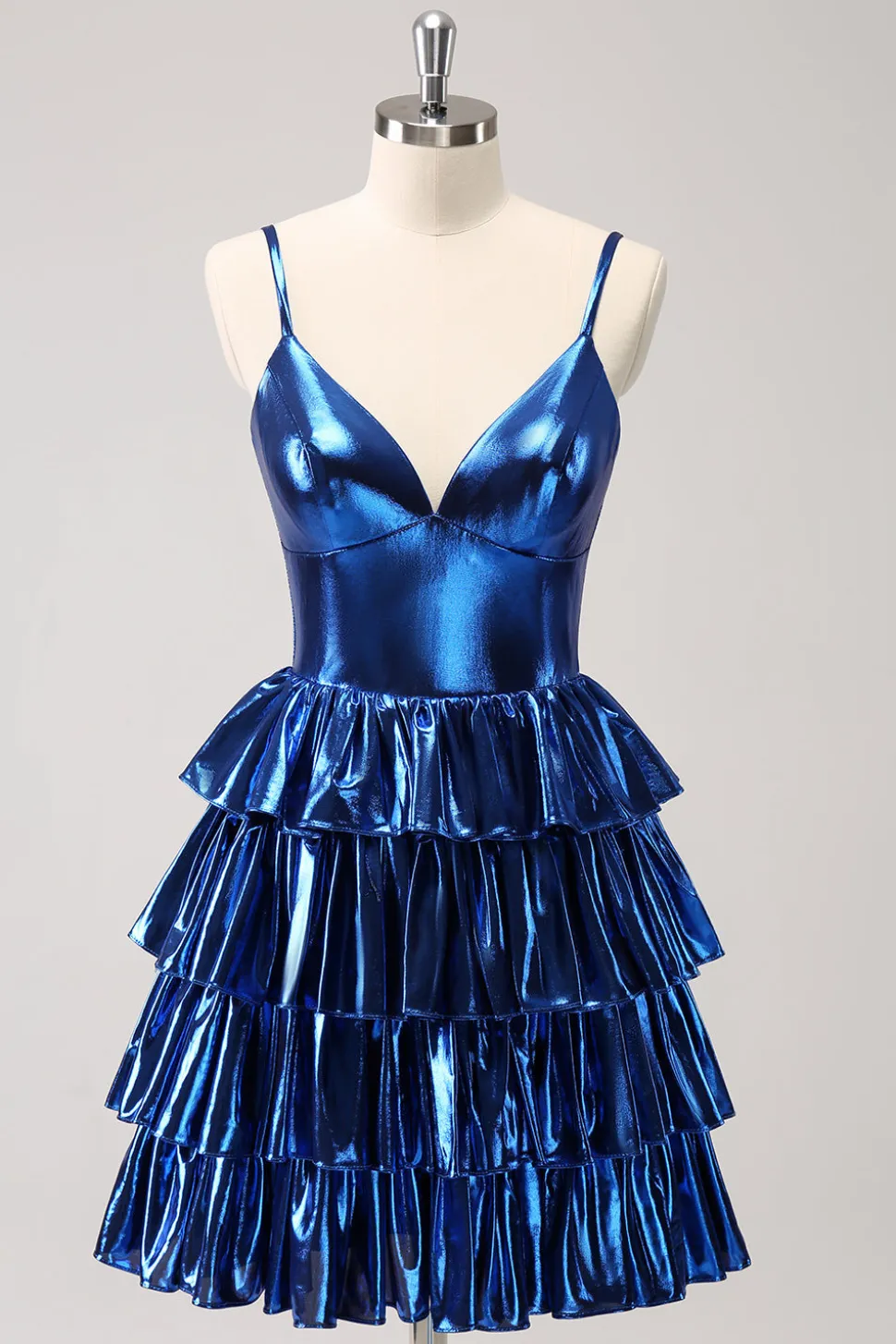 Tinta Azul Esparguete Correias Uma Linha Tiered Vestido Curto Homecoming