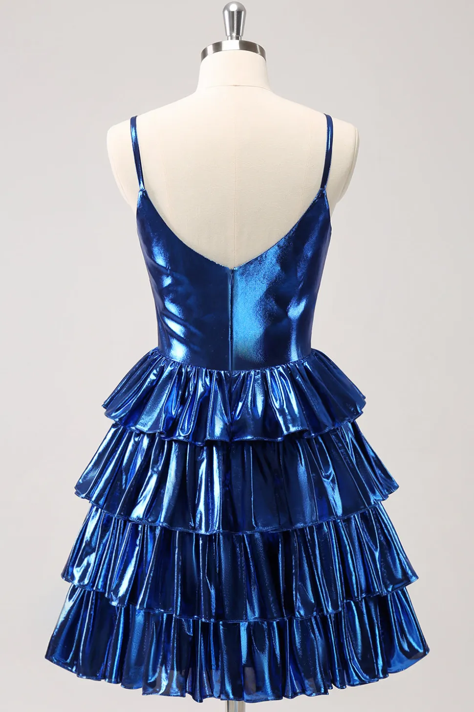 Tinta Azul Esparguete Correias Uma Linha Tiered Vestido Curto Homecoming