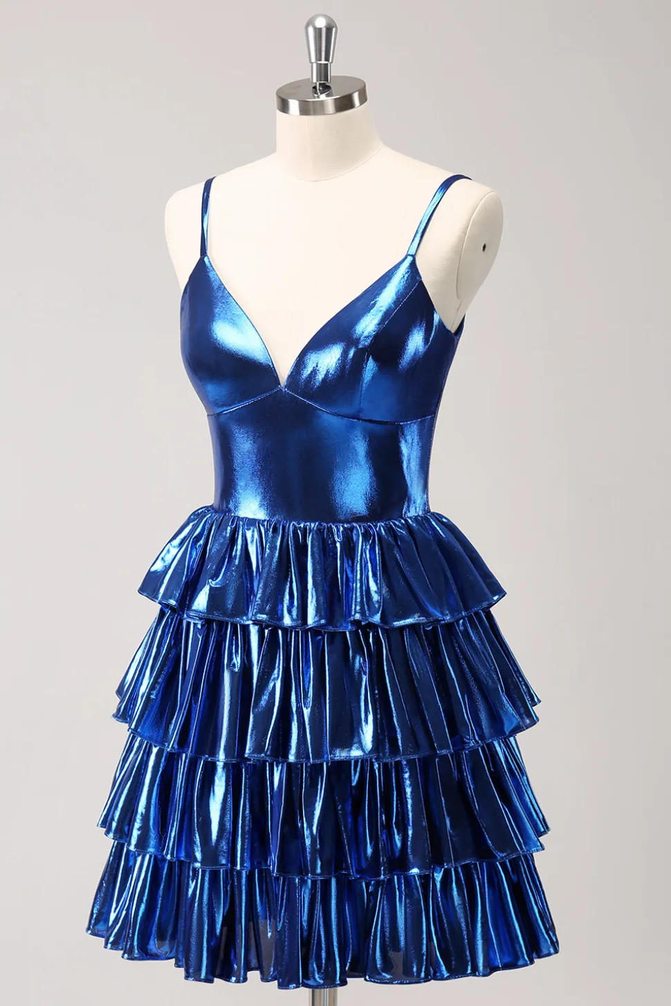 Tinta Azul Esparguete Correias Uma Linha Tiered Vestido Curto Homecoming