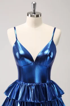 Tinta Azul Esparguete Correias Uma Linha Tiered Vestido Curto Homecoming