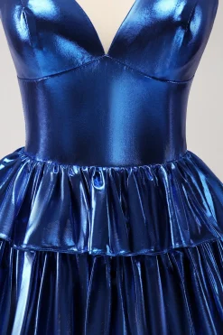 Tinta Azul Esparguete Correias Uma Linha Tiered Vestido Curto Homecoming