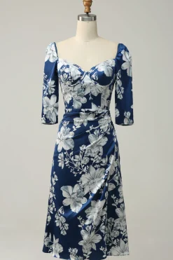 Tinta Azul Floral Tea-Length Vestido Madrinha com mangas