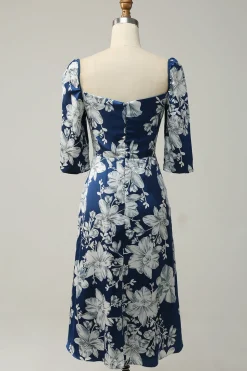 Tinta Azul Floral Tea-Length Vestido Madrinha com mangas