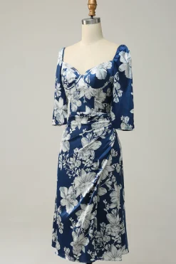 Tinta Azul Floral Tea-Length Vestido Madrinha com mangas