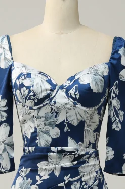 Tinta Azul Floral Tea-Length Vestido Madrinha com mangas