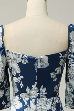 Tinta Azul Floral Tea-Length Vestido Madrinha com mangas