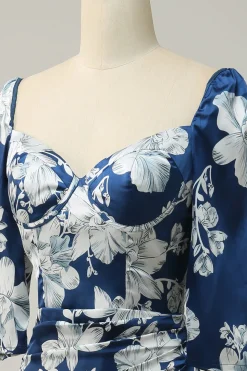 Tinta Azul Floral Tea-Length Vestido Madrinha com mangas