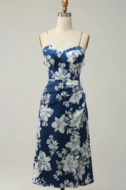 Tinta Azul Floral Tea-Length Vestido Madrinha