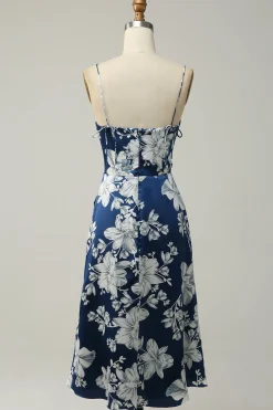 Tinta Azul Floral Tea-Length Vestido Madrinha