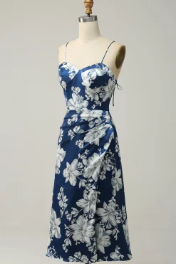 Tinta Azul Floral Tea-Length Vestido Madrinha