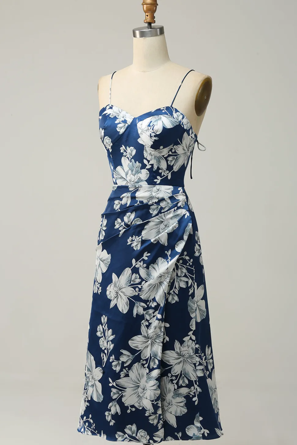 Tinta Azul Floral Tea-Length Vestido Madrinha