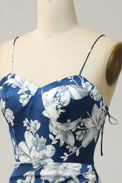 Tinta Azul Floral Tea-Length Vestido Madrinha