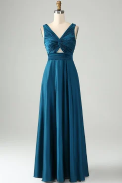 Tinta Azul Uma Linha V Pescoço Keyhole Vestido Longo Madrinha