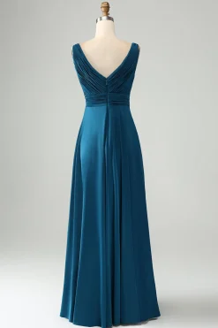 Tinta Azul Uma Linha V Pescoço Keyhole Vestido Longo Madrinha