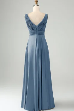 Tinta Azul Uma Linha V Pescoço Keyhole Vestido Longo Madrinha