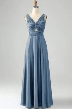 Tinta Azul Uma Linha V Pescoço Keyhole Vestido Longo Madrinha