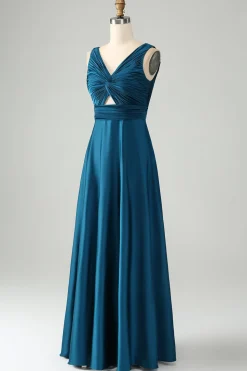 Tinta Azul Uma Linha V Pescoço Keyhole Vestido Longo Madrinha