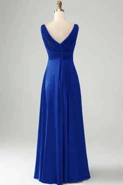 Tinta Azul Uma Linha V Pescoço Keyhole Vestido Longo Madrinha