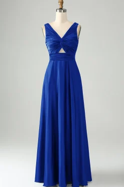 Tinta Azul Uma Linha V Pescoço Keyhole Vestido Longo Madrinha