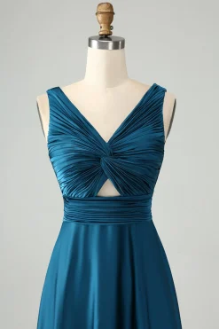 Tinta Azul Uma Linha V Pescoço Keyhole Vestido Longo Madrinha