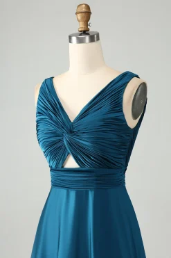 Tinta Azul Uma Linha V Pescoço Keyhole Vestido Longo Madrinha