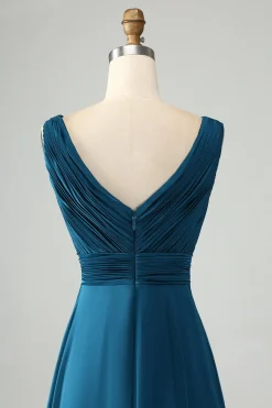 Tinta Azul Uma Linha V Pescoço Keyhole Vestido Longo Madrinha