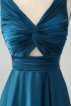 Tinta Azul Uma Linha V Pescoço Keyhole Vestido Longo Madrinha