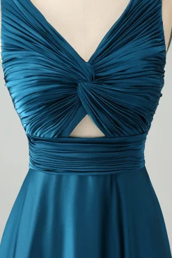 Tinta Azul Uma Linha V Pescoço Keyhole Vestido Longo Madrinha