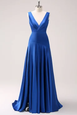 Tinta azul V-neck cetim vestido de dama de honra com fenda