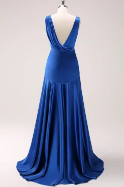 Tinta azul V-neck cetim vestido de dama de honra com fenda